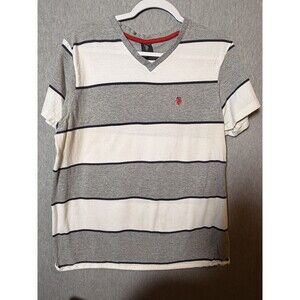 U.S. Polo Assn. Men's L V-Neck Striped T-Shirt Grey White Red Embroidered Logo